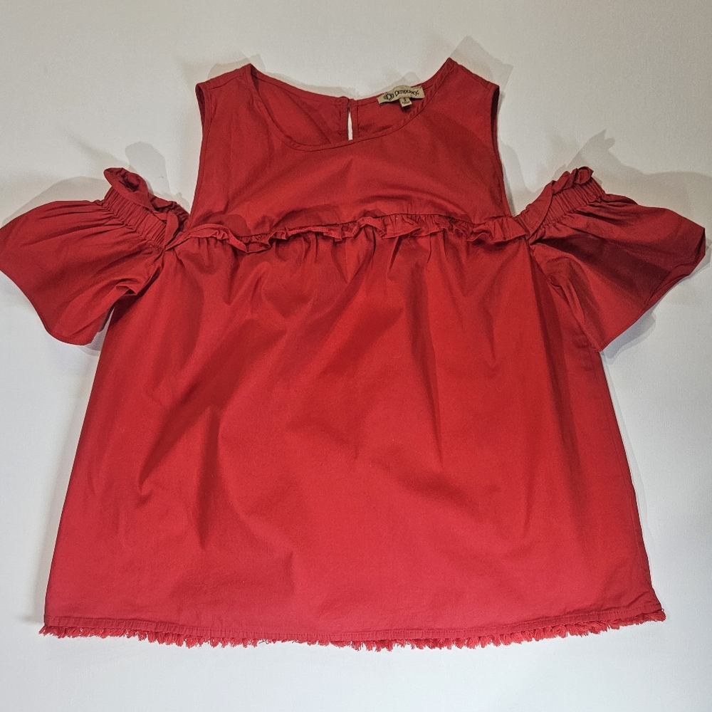 Democracy Cold Shoulder Blouse Womens Small Red Fringed Hem Holiday Party Top‎